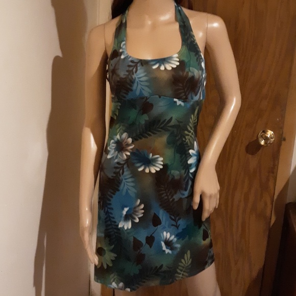 Vibrant Blue & Brown Floral Halter Dress Sz S - Picture 2 of 7